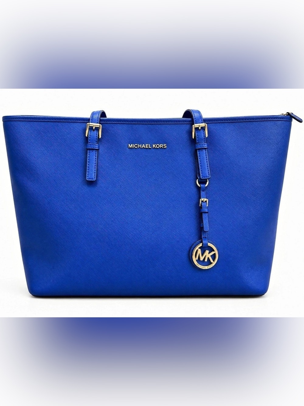 Michael Kors Jet Set Travel Multifunction Saffiano Leather Top Zip Tote Blue